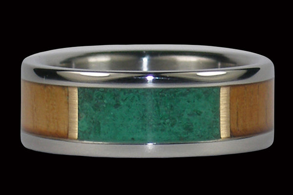 Green Malachite and Teak Wood Titanium Ring - Hawaii Titanium Rings