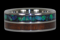 Blue and Green Opal Titanium Ring with Dark Koa Wood - Hawaii Titanium Rings
 - 1