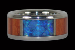Blue Australian Opal Titanium Ring with Tulip Wood - Hawaii Titanium Rings
