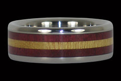 TITANIUM RING WITH CONTRASTING PURPLE AND YELLOW WOOD