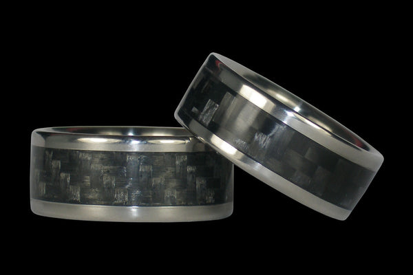 Gray and Black Carbon Fiber Titanium Ring Band Set