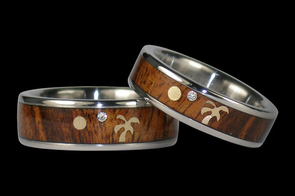 Koa Wood Diamond and Gold Palm Tree Hawaii Titanium Ring® Set