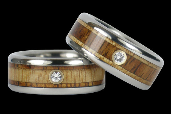 Diamond in Contrasting Wood Titanium Wedding Ring Set from Hawaii Titanium Rings®