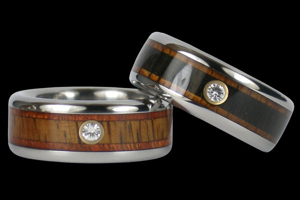 Custom Diamond in Wood Hawaii Titanium Ring® Set for Men and Women