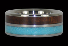Blue Turquoise and Koa Wood Titanium Ring - Hawaii Titanium Rings
 - 1
