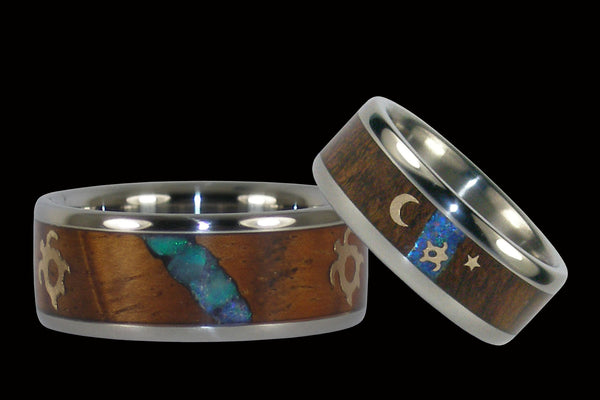 Hawaiian Honu Koa Wood and Opal Wedding Band Set from Hawaii