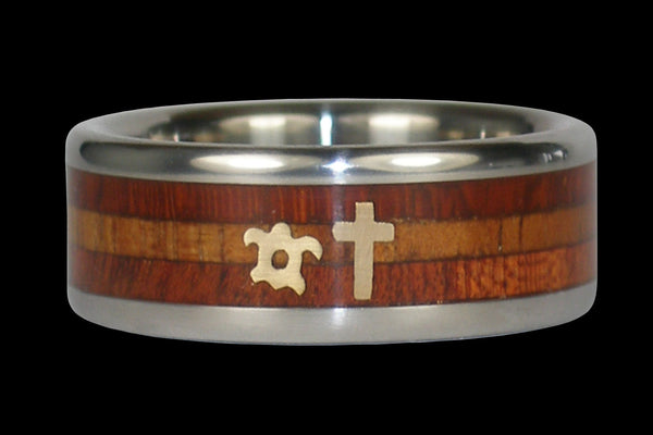 Gold Cross Wood Titanium Ring with Hawaiian Turtle