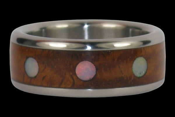 Opal Cabochon Titanium Ring Band with Exotic Wood Inlay
