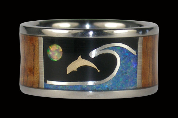 Dolphin Hawaii Titanium Ring® with Opal and Wood Inlay