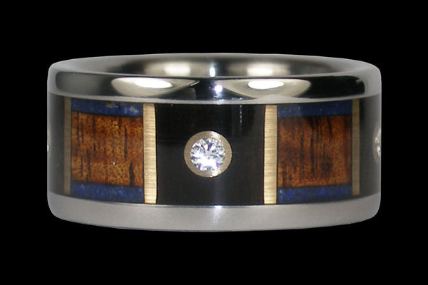 Lapis and Wood Four Diamond Titanium Ring