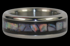 African Blackwood and red Lightning Ridge opal double inlay titanium ring — studio photo | Hawaii Titanium Rings®