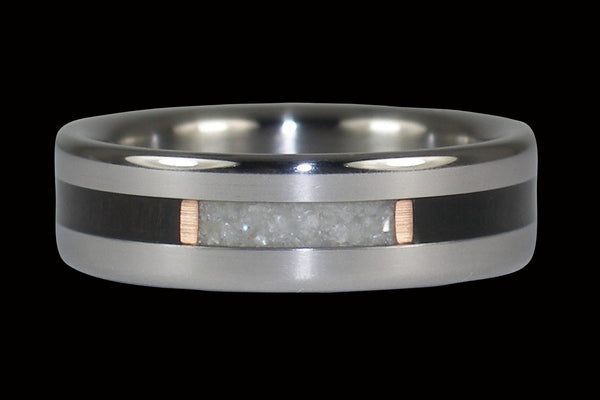 White Pearl Titanium Ring with Black Wood Inlay