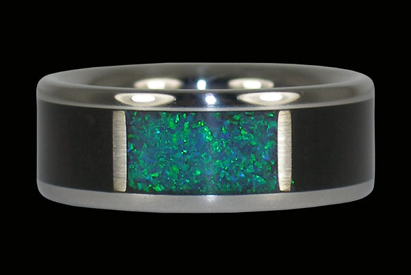 Black Wood and Peacock Lab Opal Titanium Ring