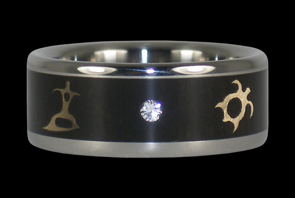 Diamond Blackwood Titanium Wedding Band with Gold Turtle and Surfer