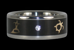 Diamond Blackwood Titanium Wedding Band with Gold Turtle and Surfer - Hawaii Titanium Rings
 - 1