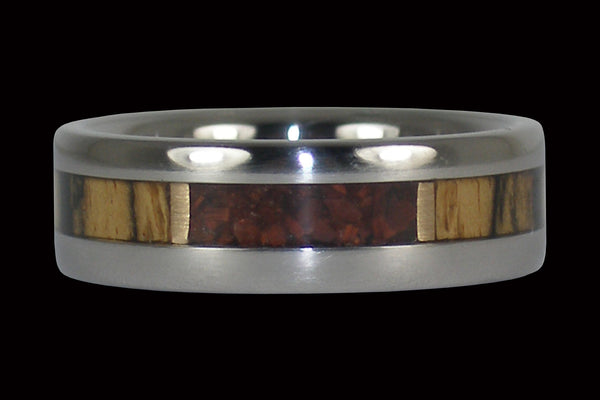 Red Tigers Eye Titanium Ring with Black and White Ebony Inlay