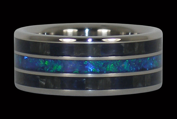 Black Carbon Fiber and Blue Opal Titanium Ring Band