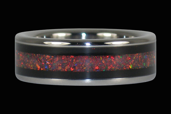 Titanium Ring with Red Lab Opal and Black Wood Inlay