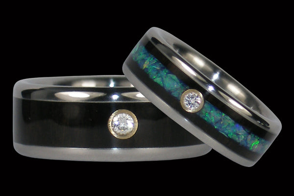 Diamond Opal and Black Wood Hawaii Titanium Ring® Set