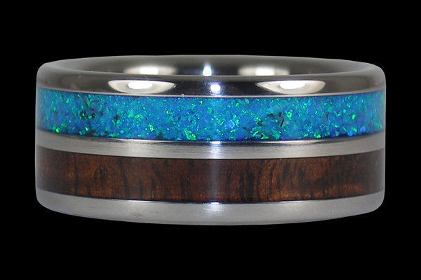 Dark Koa Hawaii Titanium Ring® with Blue Lab Opal