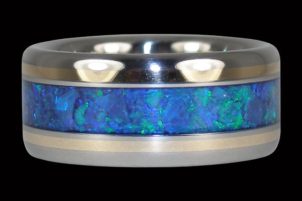 Blue Australian Opal & Yellow Gold Titanium Ring — Hawaii Titanium Rings®