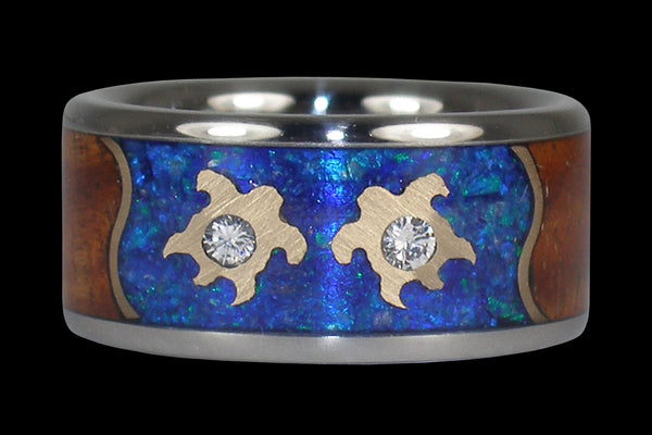 Forever Love Wedding Band with Blue Opal Diamonds Gold Turtles and Koa Wood From Hawaii Titanium Rings®