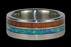 Blue Natural Opal and Fire Koa Wood offset inlay titanium ring — LR 3WSSF style, handcrafted in Hawaii | Hawaii Titanium Rings®