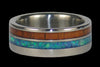 Blue Natural Opal and Fire Koa Wood offset inlay titanium ring — LR 3WSSF style, handcrafted in Hawaii | Hawaii Titanium Rings®