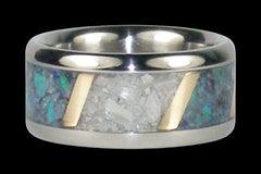 Blue natural opal and Ulexite titanium ring with 14k yellow gold slanted window design — studio photo | Hawaii Titanium Rings®