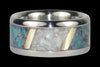 Blue natural opal and Ulexite titanium ring with 14k yellow gold slanted window design — studio photo | Hawaii Titanium Rings®