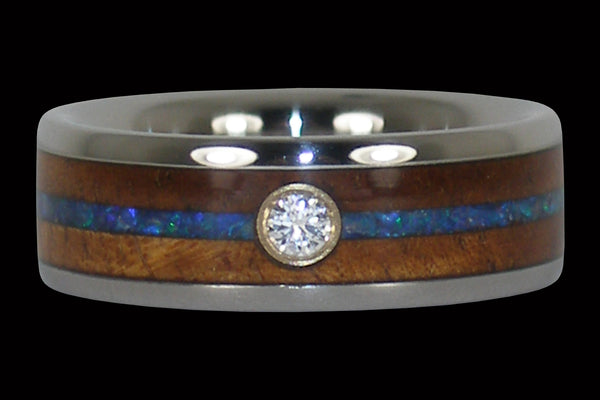 Diamond Curly Koa Wood and Blue Opal Hawaii Titanium Ring®