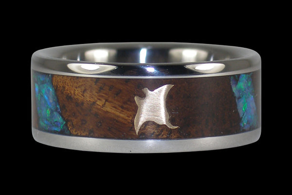 3 Falls Manta Ray Opal Titanium Ring | Dark Koa Wood | Hawaii Titanium Rings®