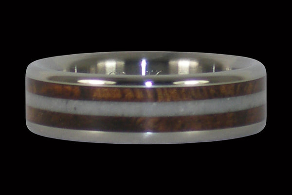 Curly Hawaiian Koa Wood Titanium Ring Band with White Coral from Hawaii Titanium Rings®