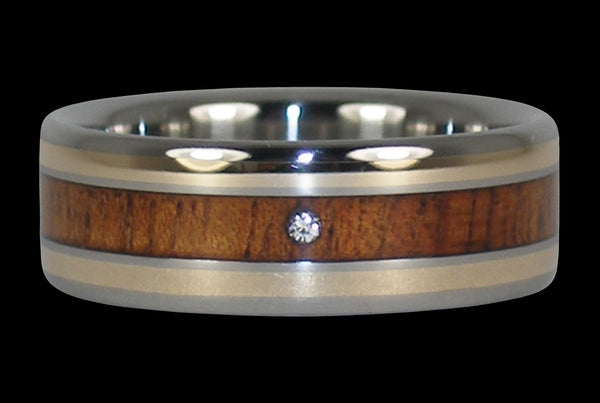 Diamond and Koa Wood Hawaii Titanium Ring® with Gold Inlay