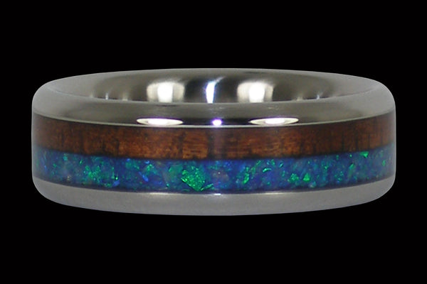 Blue Opal and Dark Koa Wood Hawaii Titanium Ring®