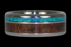 Blue Opal and Hawaiian Koa Titanium Ring - Hawaii Titanium Rings
 - 1
