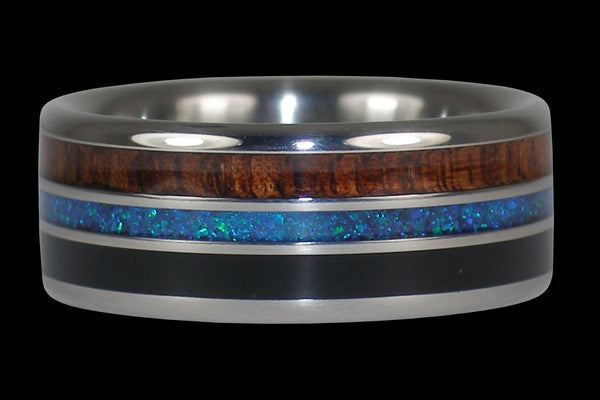 Opal Koa and Black Jet Titanium Ring