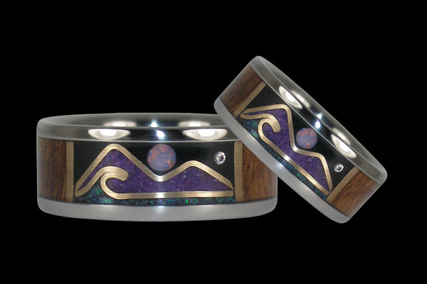 Oceanview Hawaii Titanium Rings with Diamond Star and Opal Moon