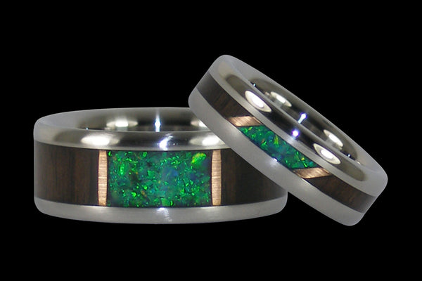 Green Lab Opal and Dark Wood Titanium Rings