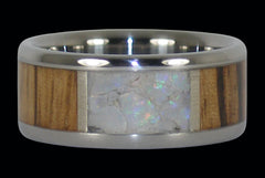 White Opal and Zebra Wood Inlay Titanium Ring - Hawaii Titanium Rings
