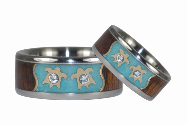 Gold Turtle Titanium Ring Set with Diamonds and Koa Wood - Hawaii Titanium Rings
- 2