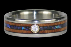 Hawaiian Tiger Koa and black Lightning Ridge opal titanium ring with diamond set in gold — studio photo | Hawaii Titanium Rings®