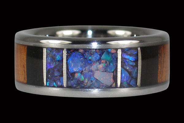 Titanium Black Opal Ring with Koa and Blackwood From Hawaii Titanium Rings®