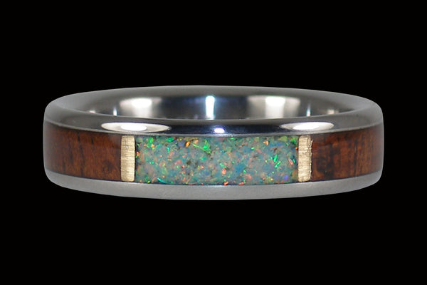 Thin Fire and Ice Opal with Koa Wood Hawaii Titanium Ring®