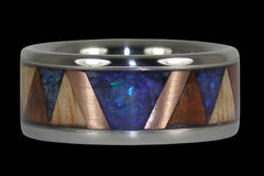 Tribal Wood and Opal Titanium Ring Band - Hawaii Titanium Rings
 - 1