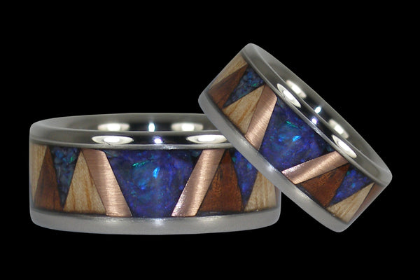 Blue Opal Wood Inlay Titanium Tribal Ring Set from Hawaii Titanium Rings®