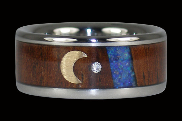 Blue Opal Diamond Hawaii Titanium Ring® with Crescent Moon