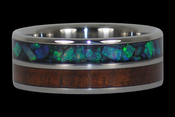 Blue and Green Opal Hawaii Titanium Ring® with Dark Koa Wood