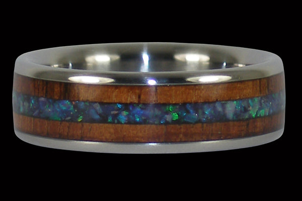 Hawaii Titanium Ring® with Black Opal and Koa Wood Inlays