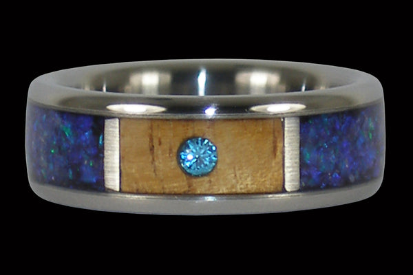 Diamond Koa Wood Blue Opal Wedding Ring Band from Hawaii Titanium Rings®